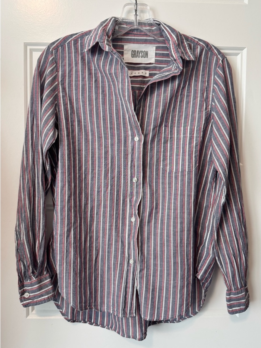 Grayson Striped Button Down Shirt Gray Red White Cotton Boyfriend Size 1